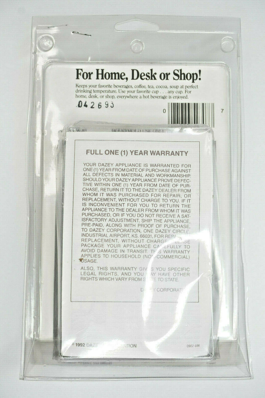 Vintage Dazey 25 Watt Coffee Soup Beverage Warmer Model: CW-10 BRAND NEW! 1992 - Fresh Stock Dated February 2026