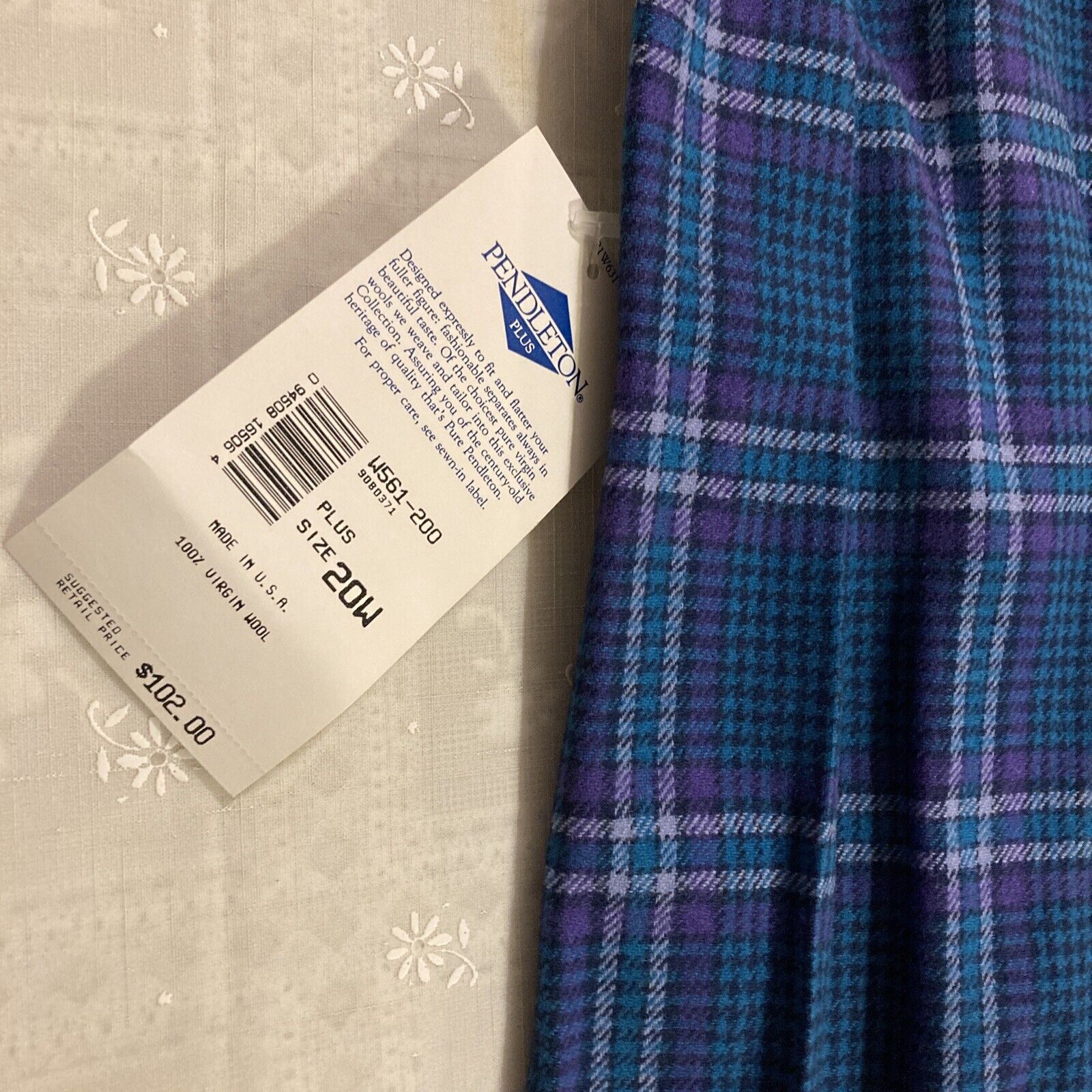 Vintage  Pendleton Pleated Wool Skirt Green Purple Spruce Plaid Plus 20W NWT - Fresh Stock Dated March 2026