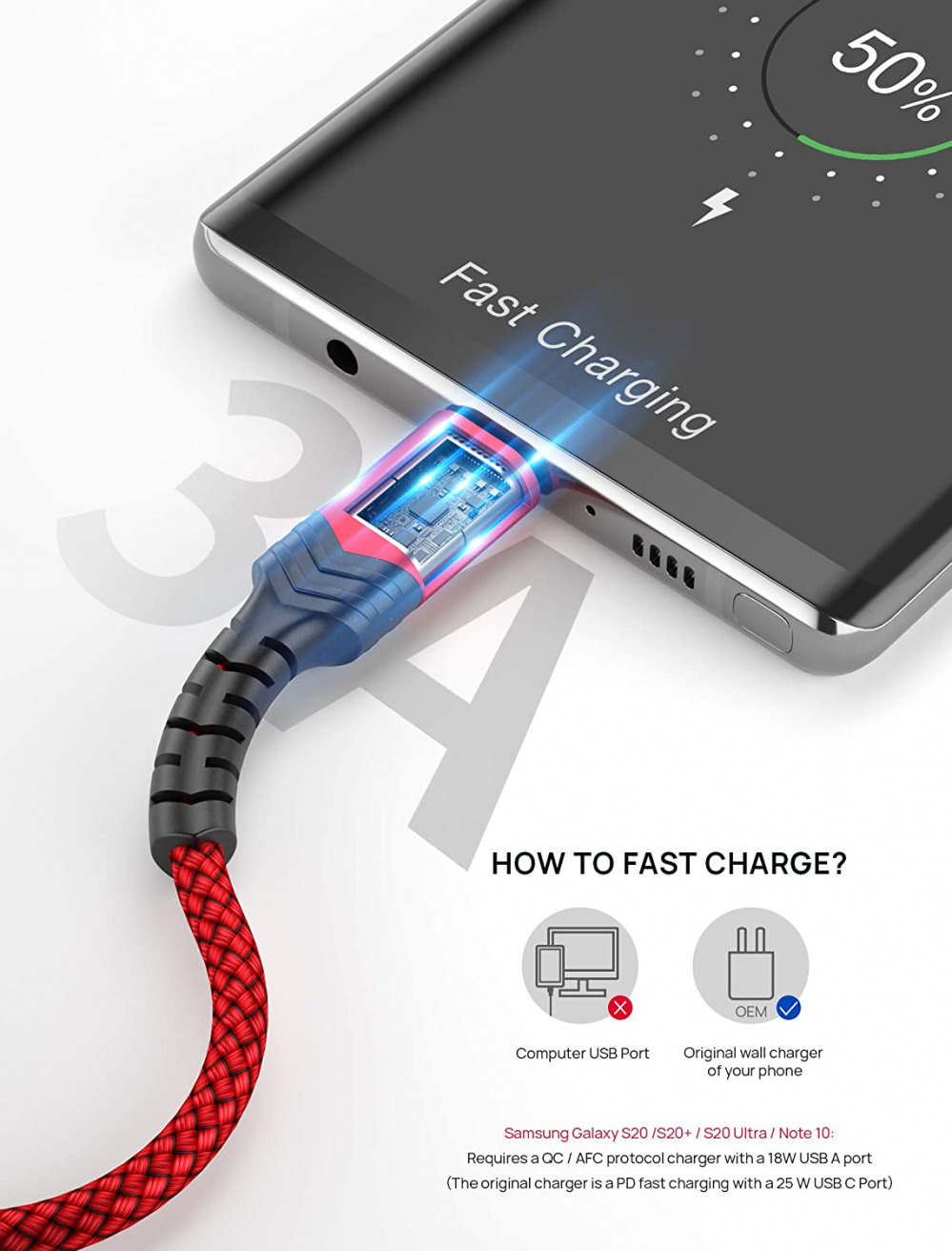 USB Type C Cable 3A Fast Charging [2-Pack 10ft], JSAUX USB-A to 10ft, Red - Fresh Stock Dated February 2026