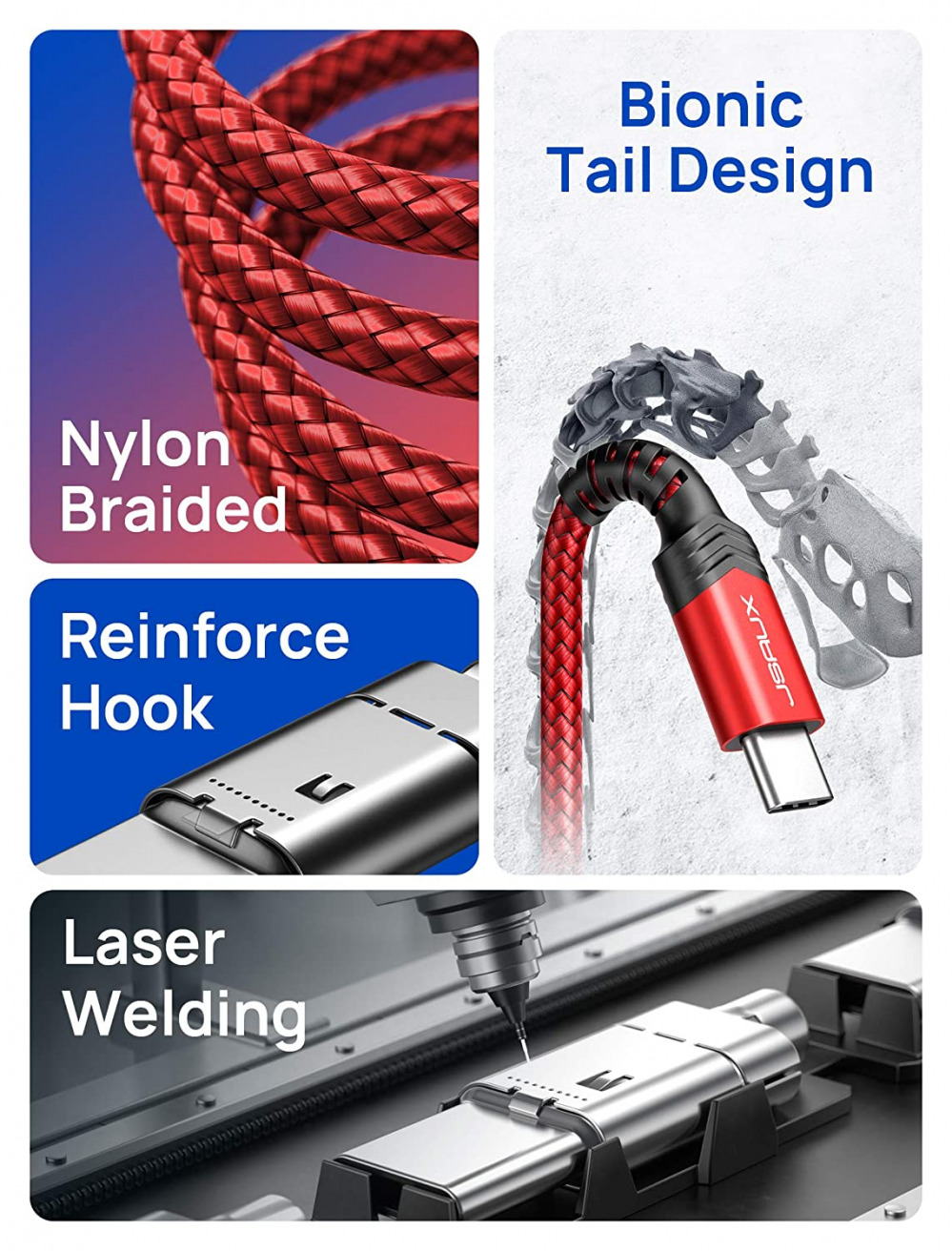 USB Type C Cable 3A Fast Charging [2-Pack 10ft], JSAUX USB-A to 10ft, Red - Fresh Stock Dated February 2026
