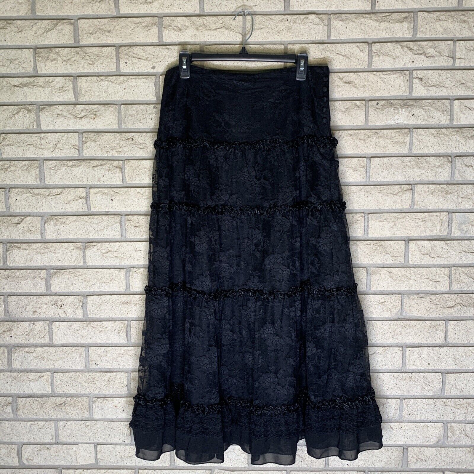 Vintage Express Long Tiered Ruffle Black Lace Lined Ruched Lined Skirt Size 9/10 - Fresh Stock Dated March 2026