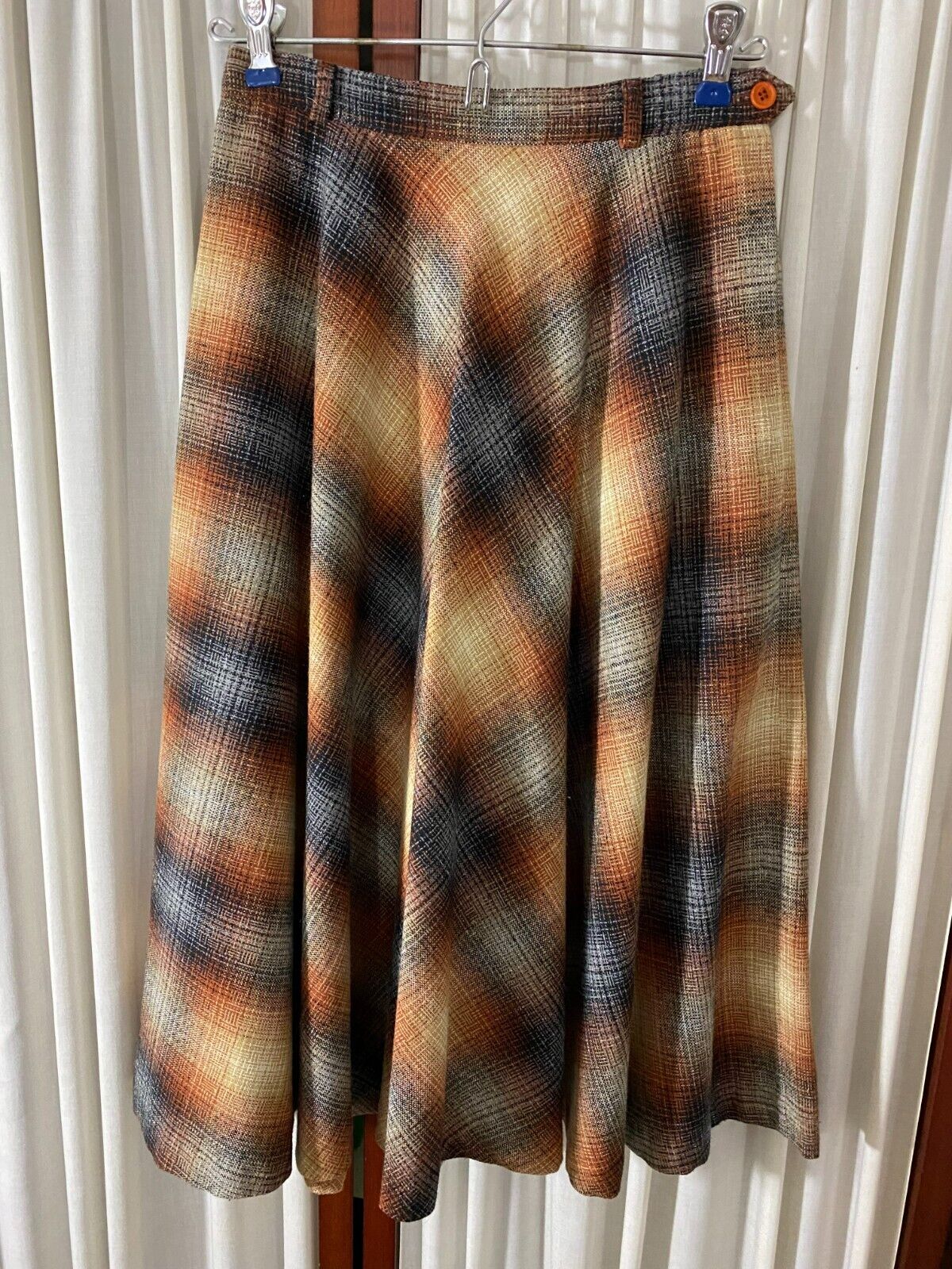 1970s Flare Skirt by Joyce - S- Brown,Black,Gray,Cream Plaid-VG-DISCO CHIC-SALE - Fresh Stock Dated March 2026