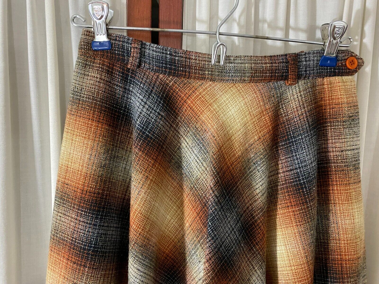 1970s Flare Skirt by Joyce - S- Brown,Black,Gray,Cream Plaid-VG-DISCO CHIC-SALE - Fresh Stock Dated March 2026