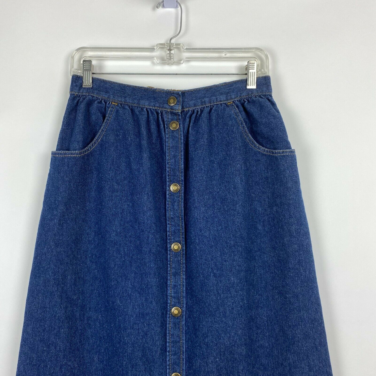 Vintage Medium Blue Denim Jean Midi Skirt Womens 100% Cotton Snap Front Pockets - Fresh Stock Dated February 2026