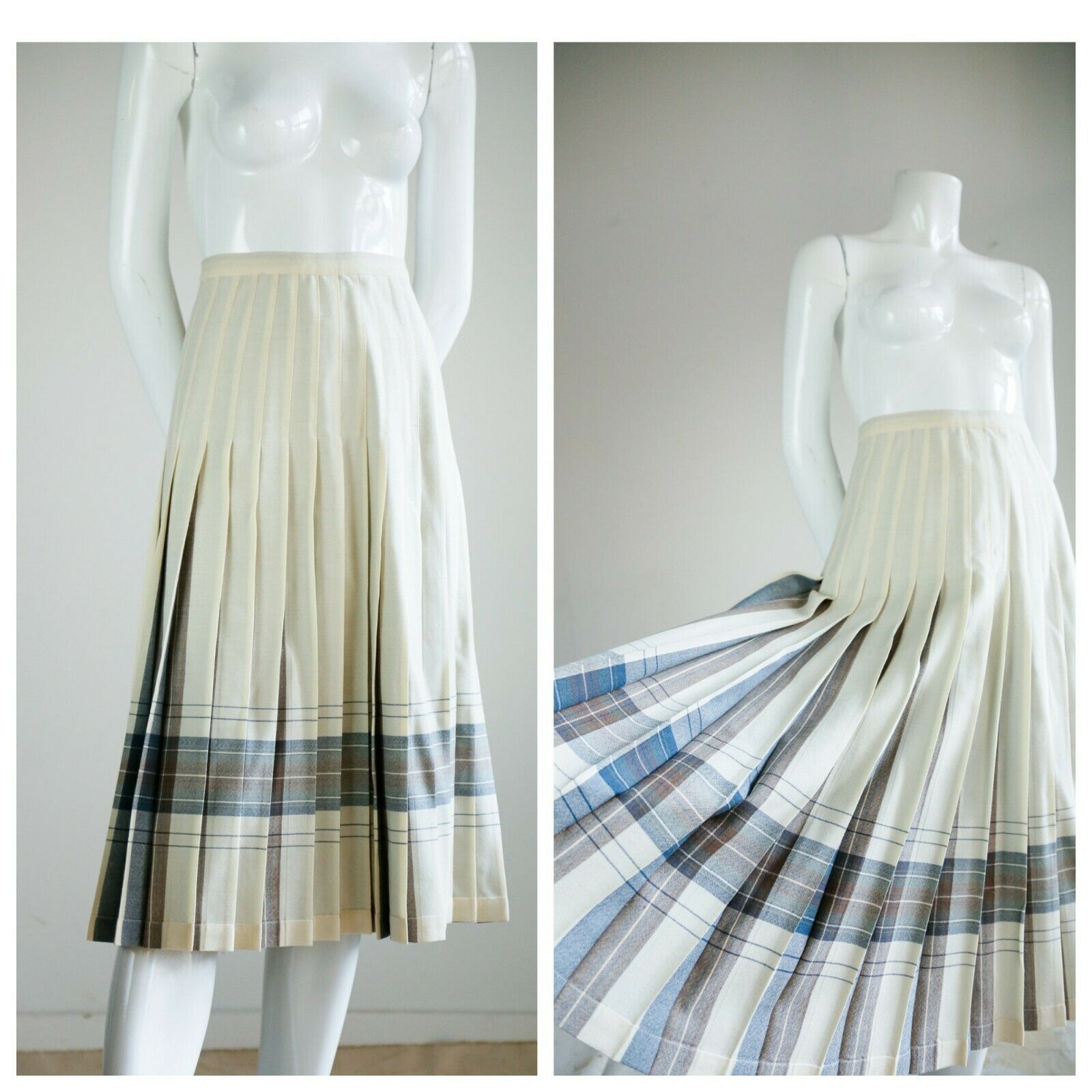 Vintage Reversible Cream Beige Plaid Pleated Knee Length Skirt | Highland Queen - Fresh Stock Dated March 2026