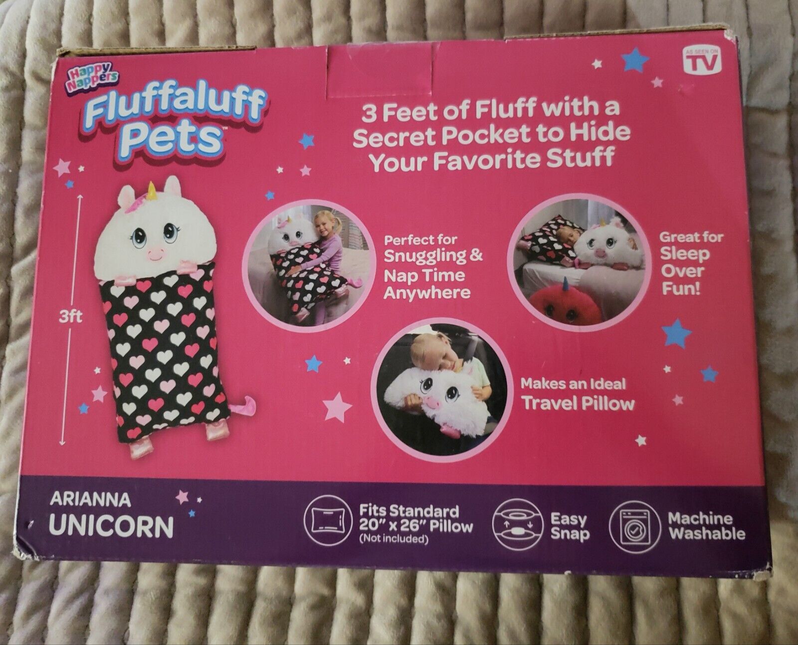 HAPPY NAPPERS Fluffaluff Pets Arianna Unicorn 3 Foot Tall Play Pillow Case NEW - Fresh Stock Dated February 2026