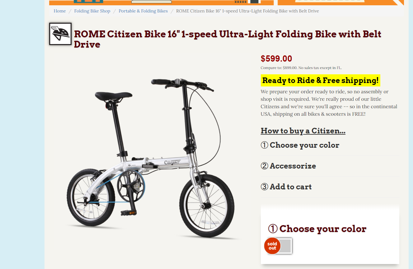 Citizen folding bike, model Rome-- 18 lbs! - Fresh Stock Dated February 2026
