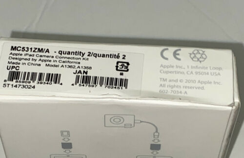 Genuine Apple iPad Camera Connection Kit MC531ZM/A (A1362 & A1358) NEW Sealed - Fresh Stock Dated February 2026