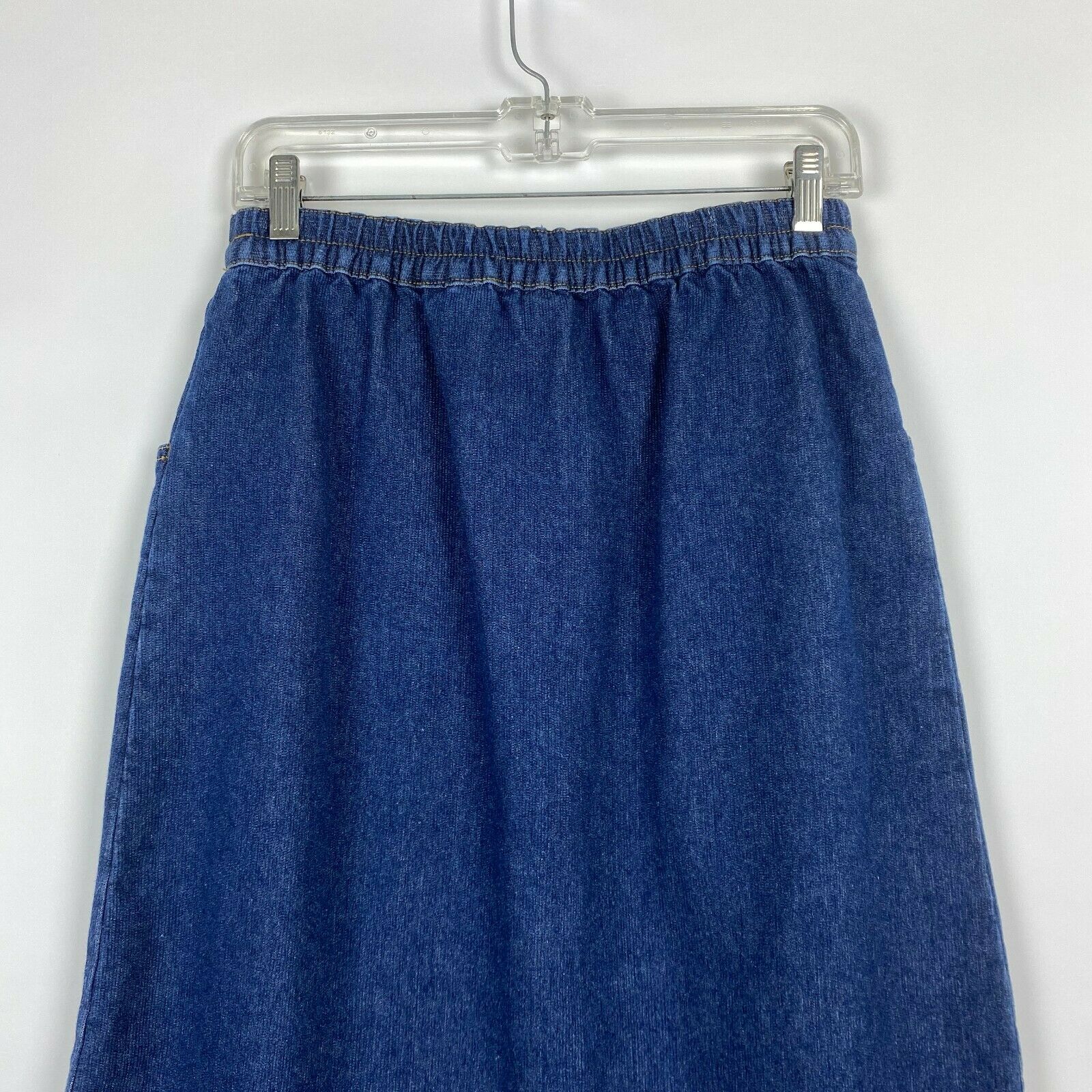 Vintage Medium Blue Denim Jean Midi Skirt Womens 100% Cotton Snap Front Pockets - Fresh Stock Dated February 2026