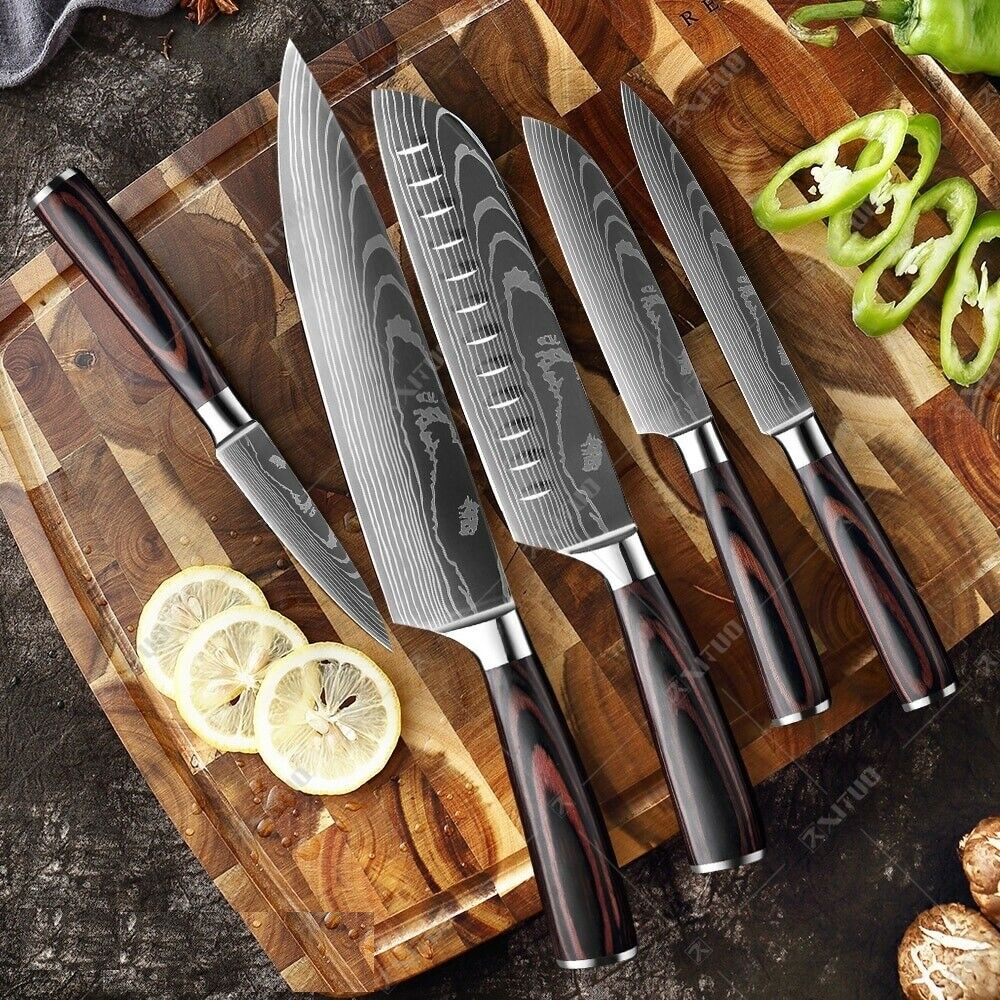 5 Pcs Kitchen Cook Knives Set Japanese Damascus Style Stainless Steel Chef Knife - Fresh Stock Dated December 2025