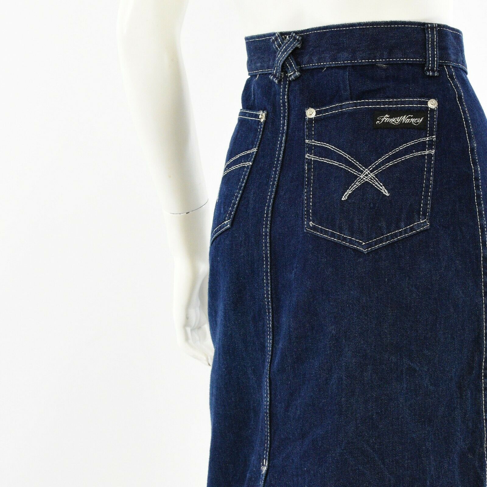 80s Vintage Dark Wash High Waist Denim Midi Skirt Fancy Nancy Fits Size XS - Fresh Stock Dated February 2026