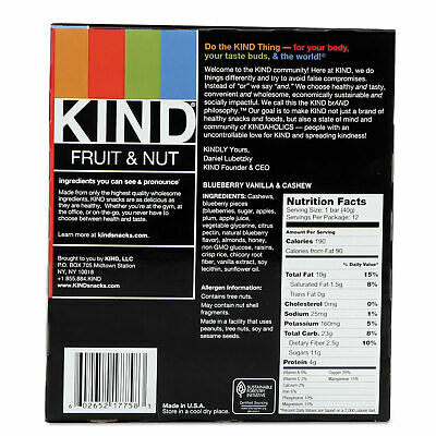 KIND Fruit and Nut Bars Blueberry Vanilla and Cashew 1.4 oz Bar 12/Box 18039 - Fresh Stock Dated December 2025