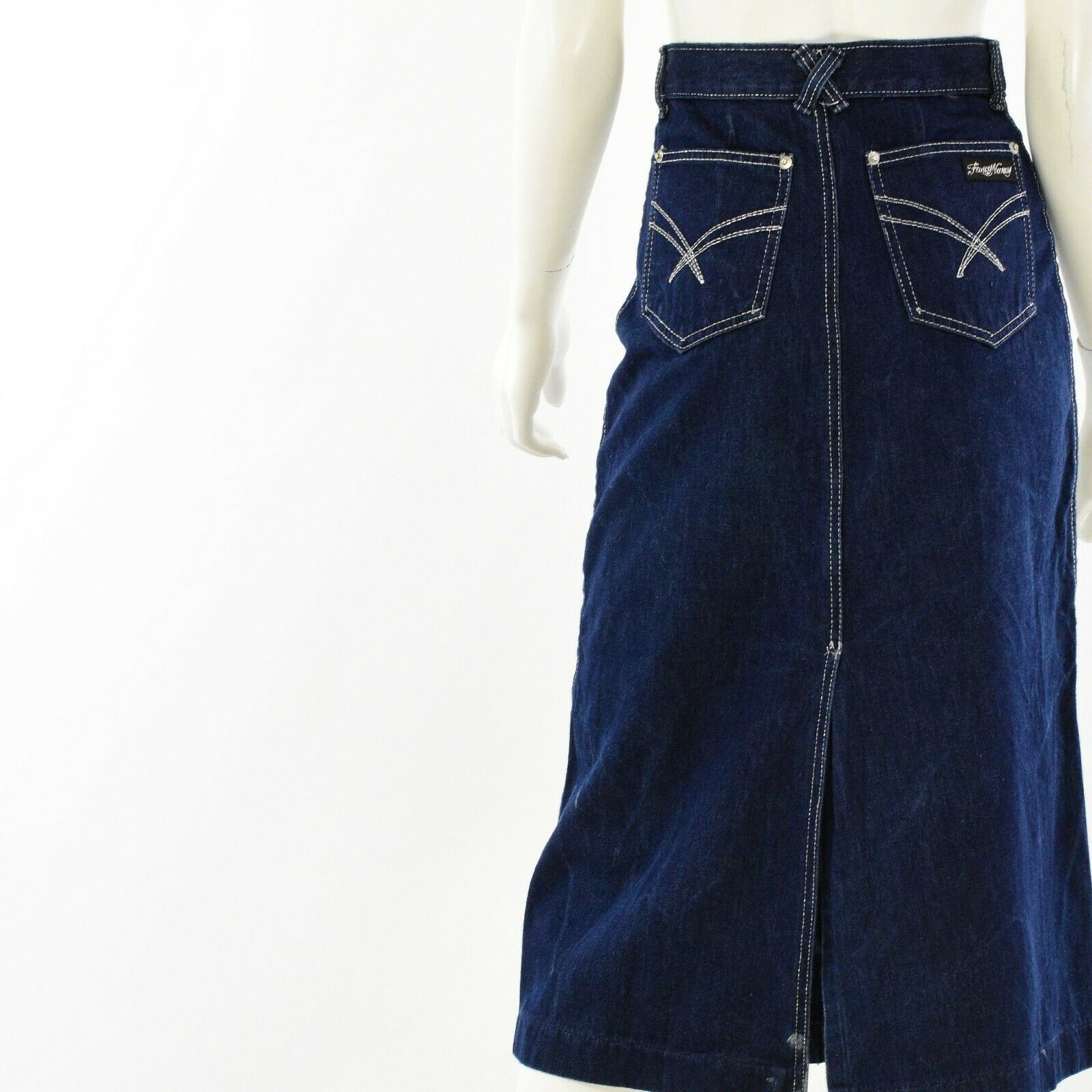 80s Vintage Dark Wash High Waist Denim Midi Skirt Fancy Nancy Fits Size XS - Fresh Stock Dated February 2026
