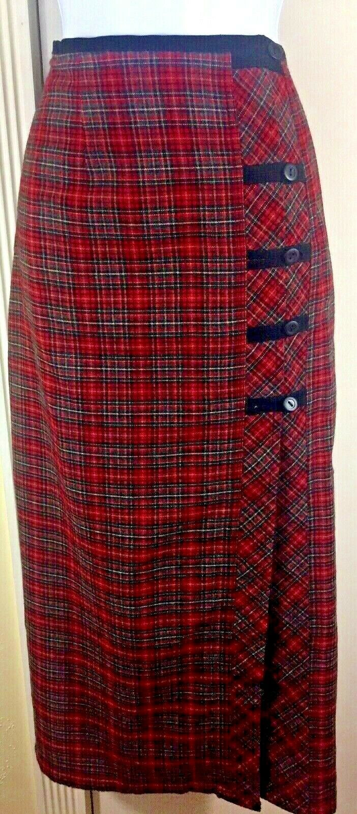 Vintage Size Medium Red Tartan Plaid Wrap Straight Pencil Midi Skirt - Fresh Stock Dated February 2026