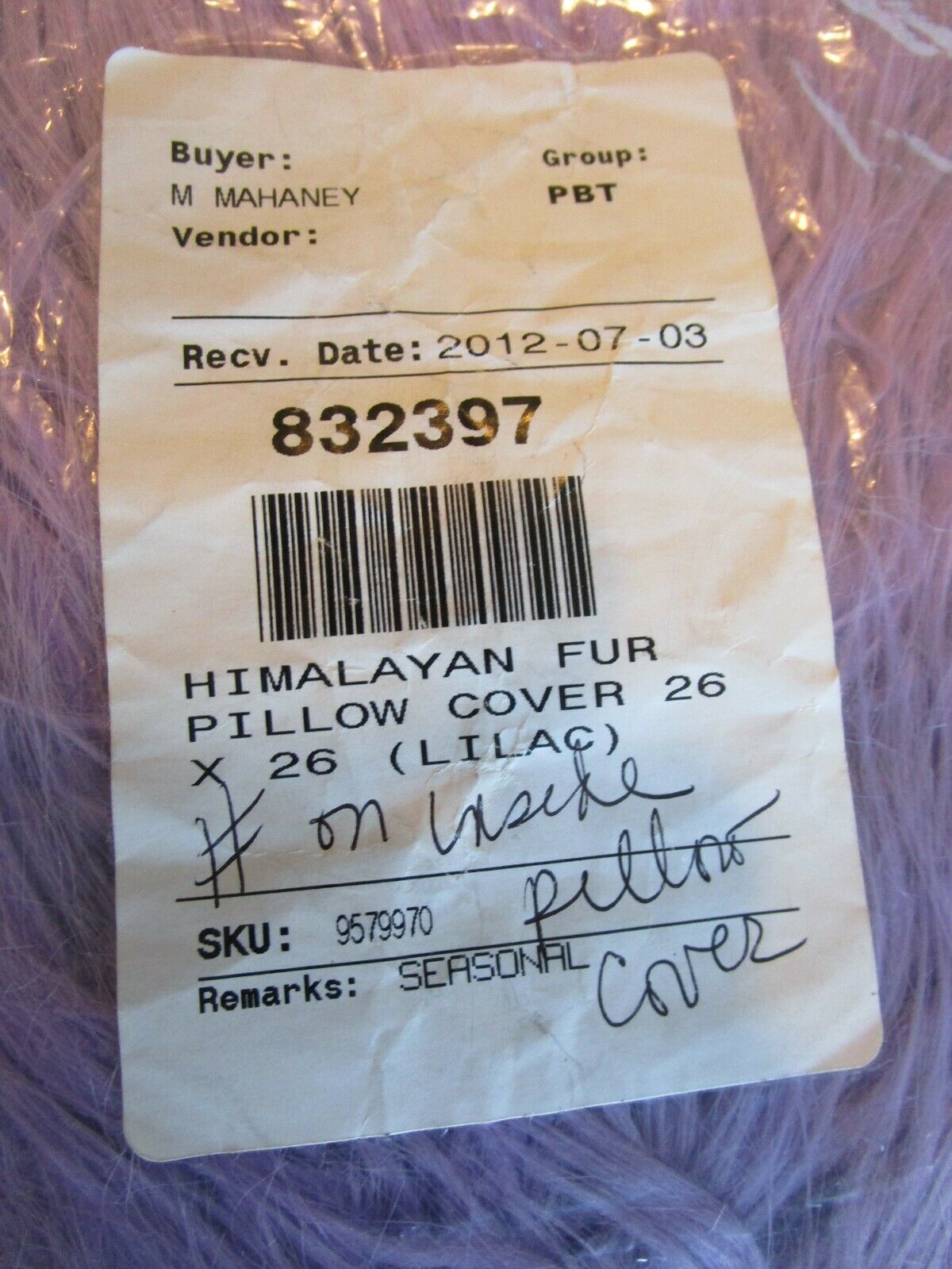 Pottery Barn Teen Himalayan faux fur  lilac Pillow cover 26 photo shoot sample - Fresh Stock Dated December 2025