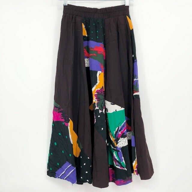 Vintage Skirt High Elastic Waist Knee Length Brown Colorblock Flowy 80 Pattern 6 - Fresh Stock Dated December 2025