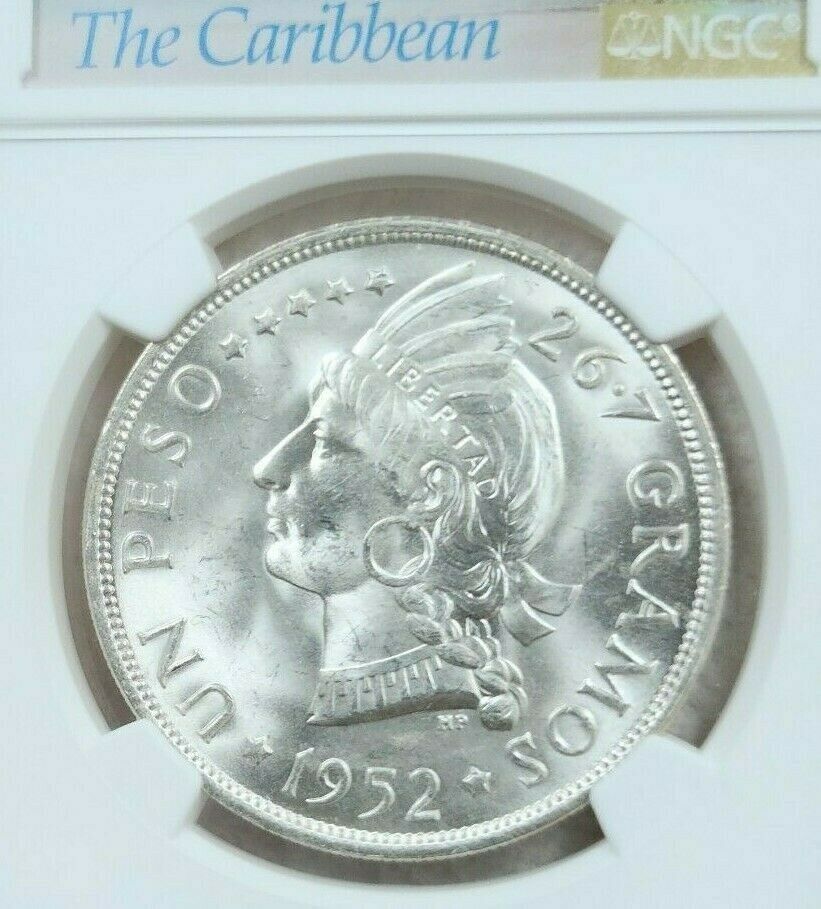 1952 DOMINICAN REPUBLIC SILVER 1 PESO NATIVE PRINCESS NGC MS 65 SCARCE GEM BU - Fresh Stock Dated February 2026