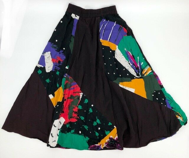 Vintage Skirt High Elastic Waist Knee Length Brown Colorblock Flowy 80 Pattern 6 - Fresh Stock Dated December 2025