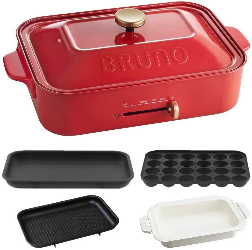 BRUNO compact hot plate  ceramic coat pot 3-piece set (red) AC100V Okonomiyaki - Fresh Stock Dated February 2026
