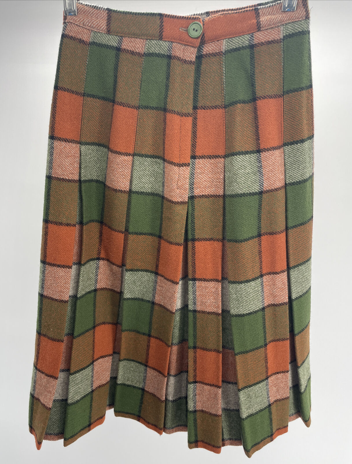 Vintage 100% Wool Plaid Pleated Skirt W/Union Tag Green/Orange - Fresh Stock Dated March 2026