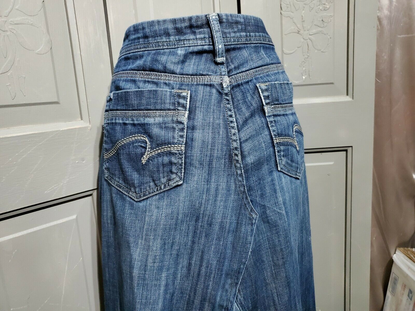 sz 7/8 S vtg maurices Denim Skirt Altered Jeans hippie style maxi low rise boho - Fresh Stock Dated February 2026