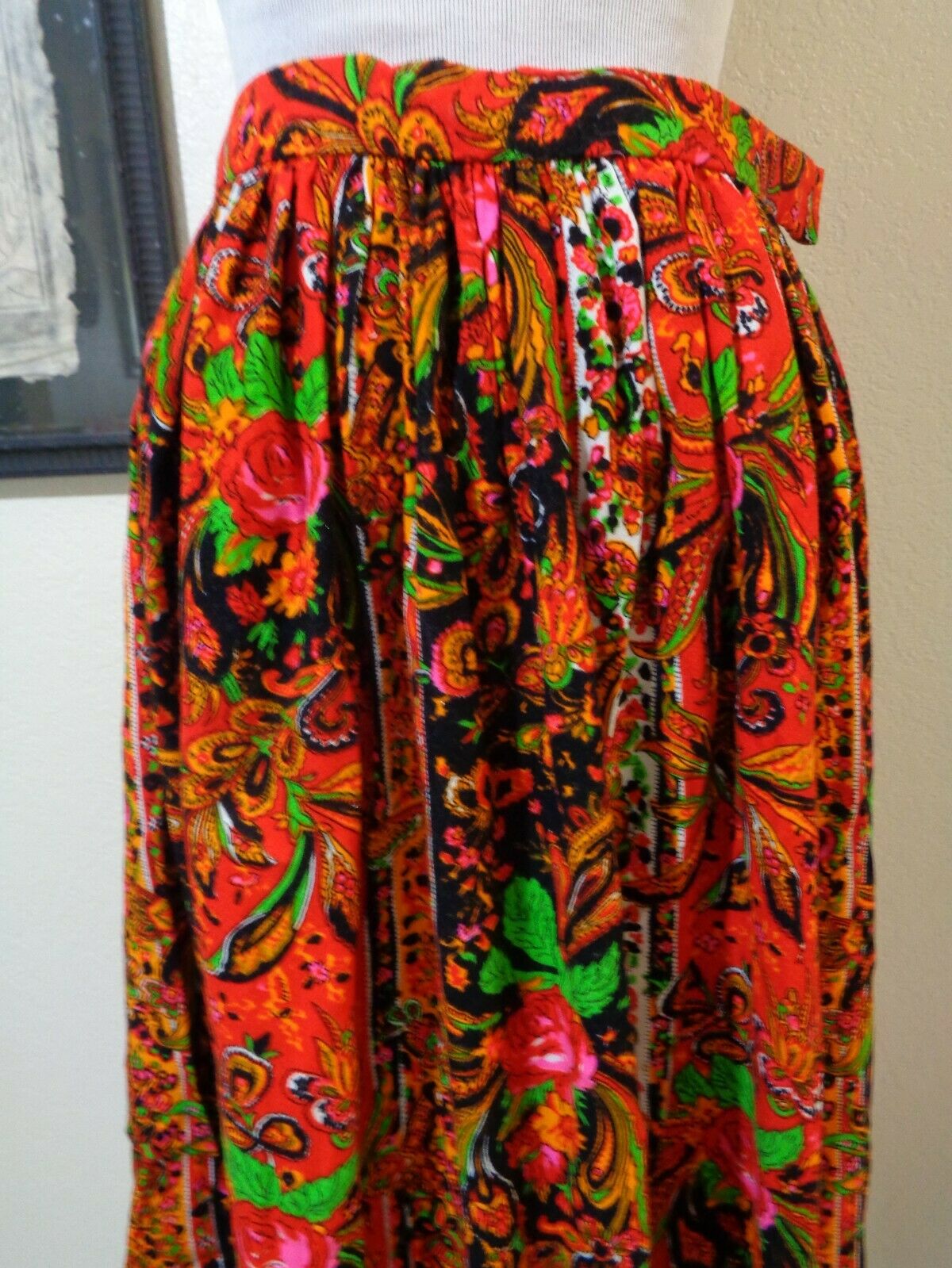1960s MOD BOHO HAND MADE ORANGE/PINK/BLACK FLORAL PRINT FULL MAXI SKIRT SZ S/M - Fresh Stock Dated March 2026