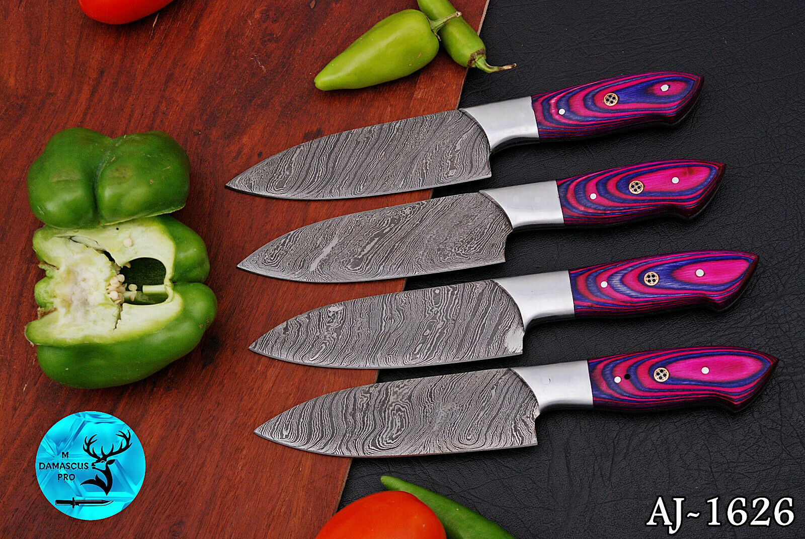 FOUR DAMASCUS STEEL STEAK CHEF KNIFE SET WITH WOOD & STEEL HANDLE - AJ 1626 - Fresh Stock Dated January 2026