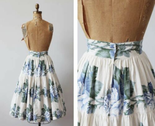 Blue Rose Skirt - 1950s Floral Skirt - Vintage Cotton Ruffle Skirt - Fresh Stock Dated December 2025
