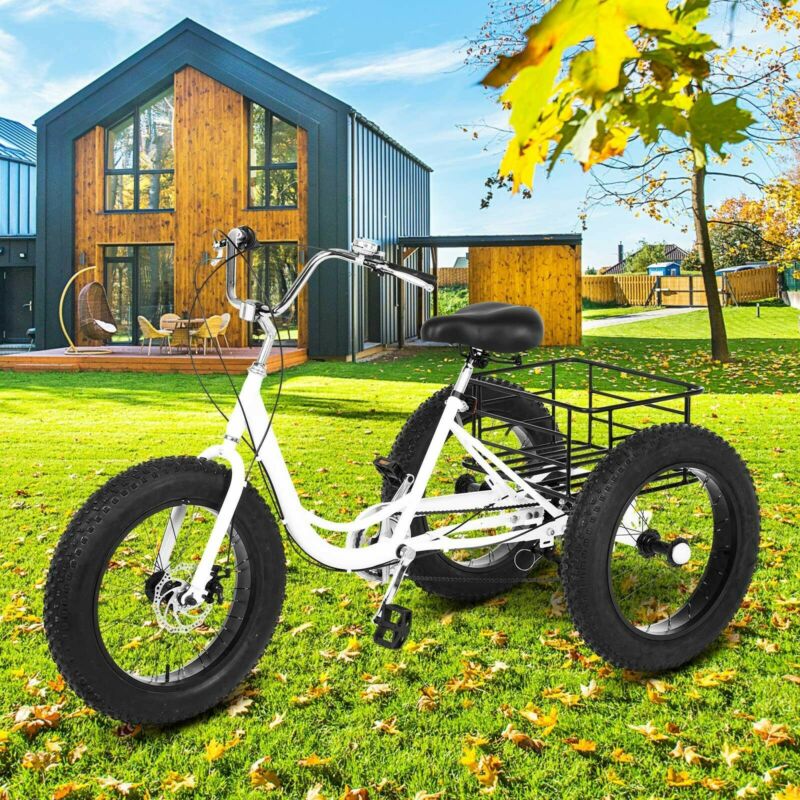 Adult Fat Tire Tricycle 20-inch Wheels And 7-speed Rear Cargo Basket - Fresh Stock Dated February 2026