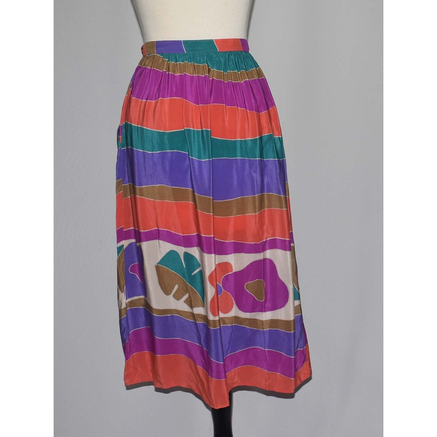 Stunning Vintage 1970s 1980s Silk Multicolor Stripe Bold Print Skirt XS 24 waist - Fresh Stock Dated March 2026