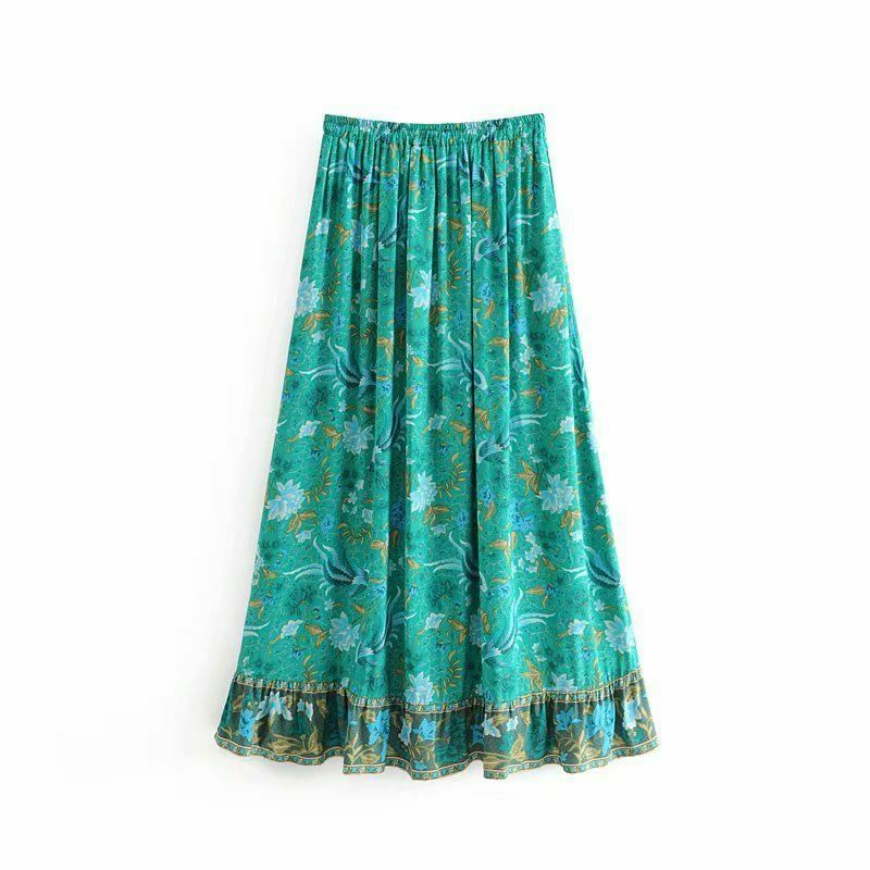 Women Vintage Skirt Hippie Green Floral Bohemian Pleated High Elastic Waist Maxi - Fresh Stock Dated December 2025