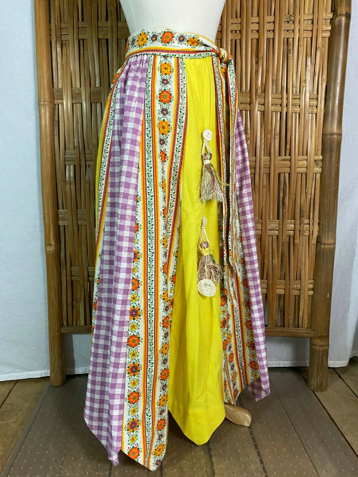 Vtg 70s Chessa Davis Maxi Skirt Panels Floral Checks Sash Slip Boho Hippy S/M - Fresh Stock Dated February 2026