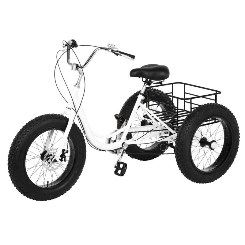 Adult Fat Tire Tricycle 20-inch Wheels And 7-speed Rear Cargo Basket - Fresh Stock Dated February 2026