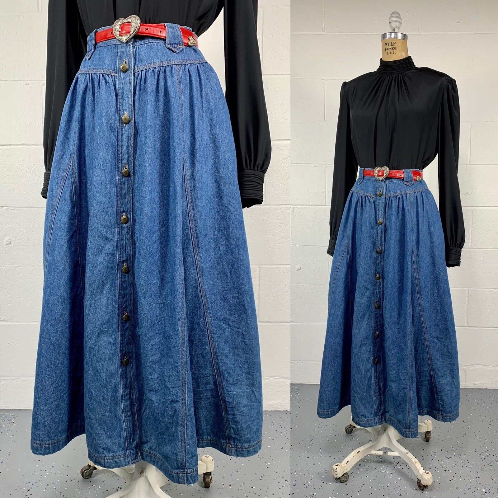Vintage 80s Volup Denim Box Pleat Prairie Midi Skirt Basque Waist Pockets XL 18 - Fresh Stock Dated March 2026