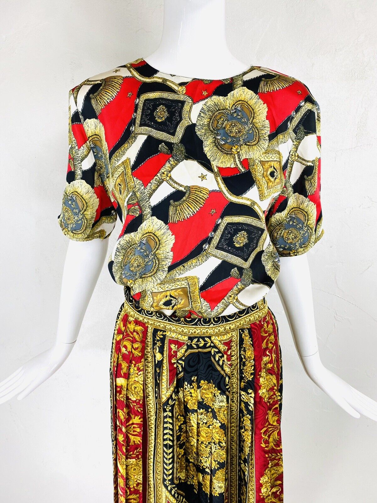 EPIC! Vintage OLEG CASSINI & TESS Baroque Red Gold Pleated Skirt & Top Set, M - Fresh Stock Dated March 2026
