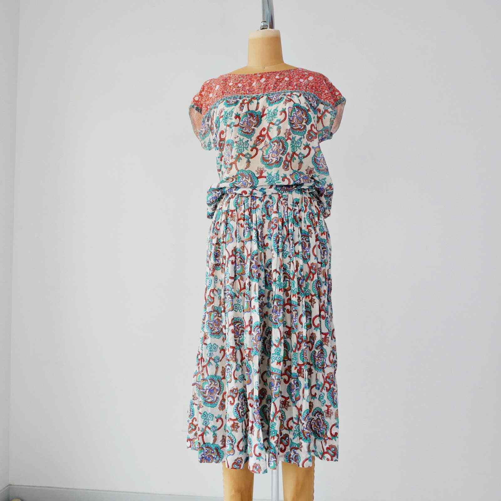 boho skirt set | 70s vintage Adini gauzy cotton floral skirt & blouse small - Fresh Stock Dated March 2026