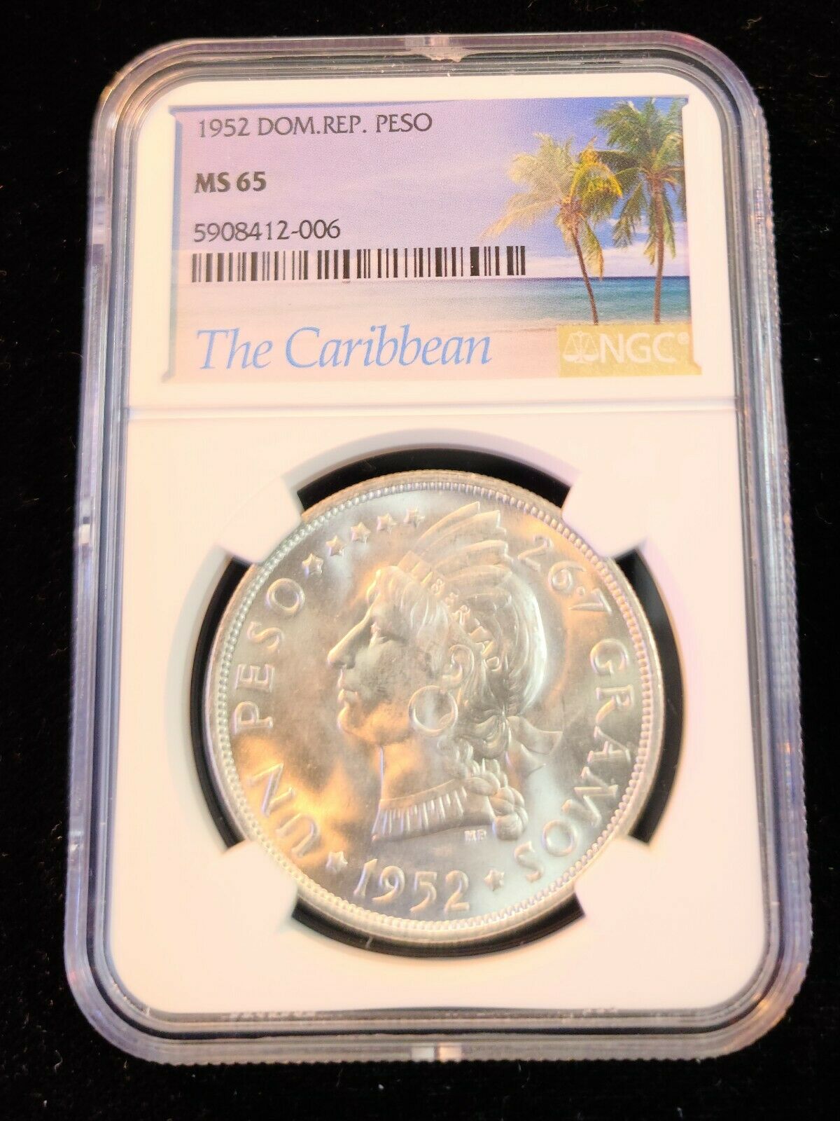 1952 DOMINICAN REPUBLIC SILVER 1 PESO NATIVE PRINCESS NGC MS 65 SCARCE GEM BU - Fresh Stock Dated February 2026