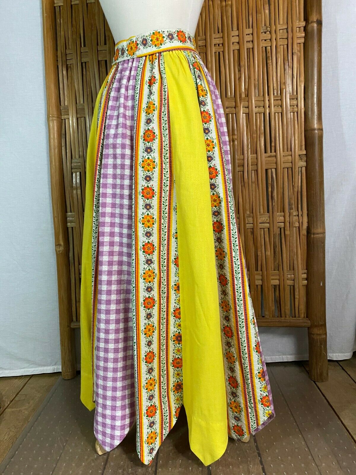 Vtg 70s Chessa Davis Maxi Skirt Panels Floral Checks Sash Slip Boho Hippy S/M - Fresh Stock Dated February 2026