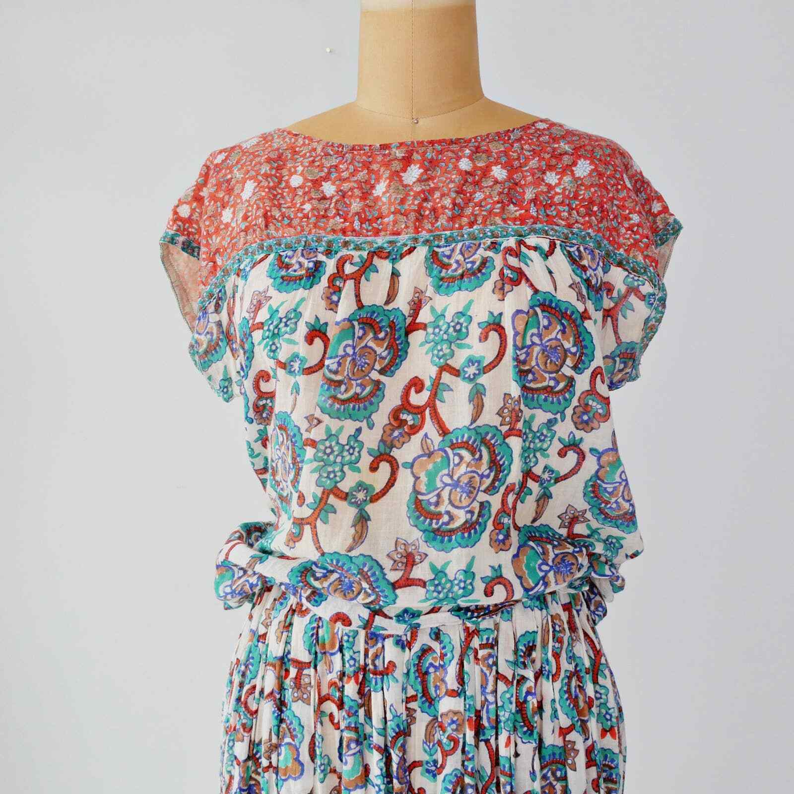 boho skirt set | 70s vintage Adini gauzy cotton floral skirt & blouse small - Fresh Stock Dated March 2026