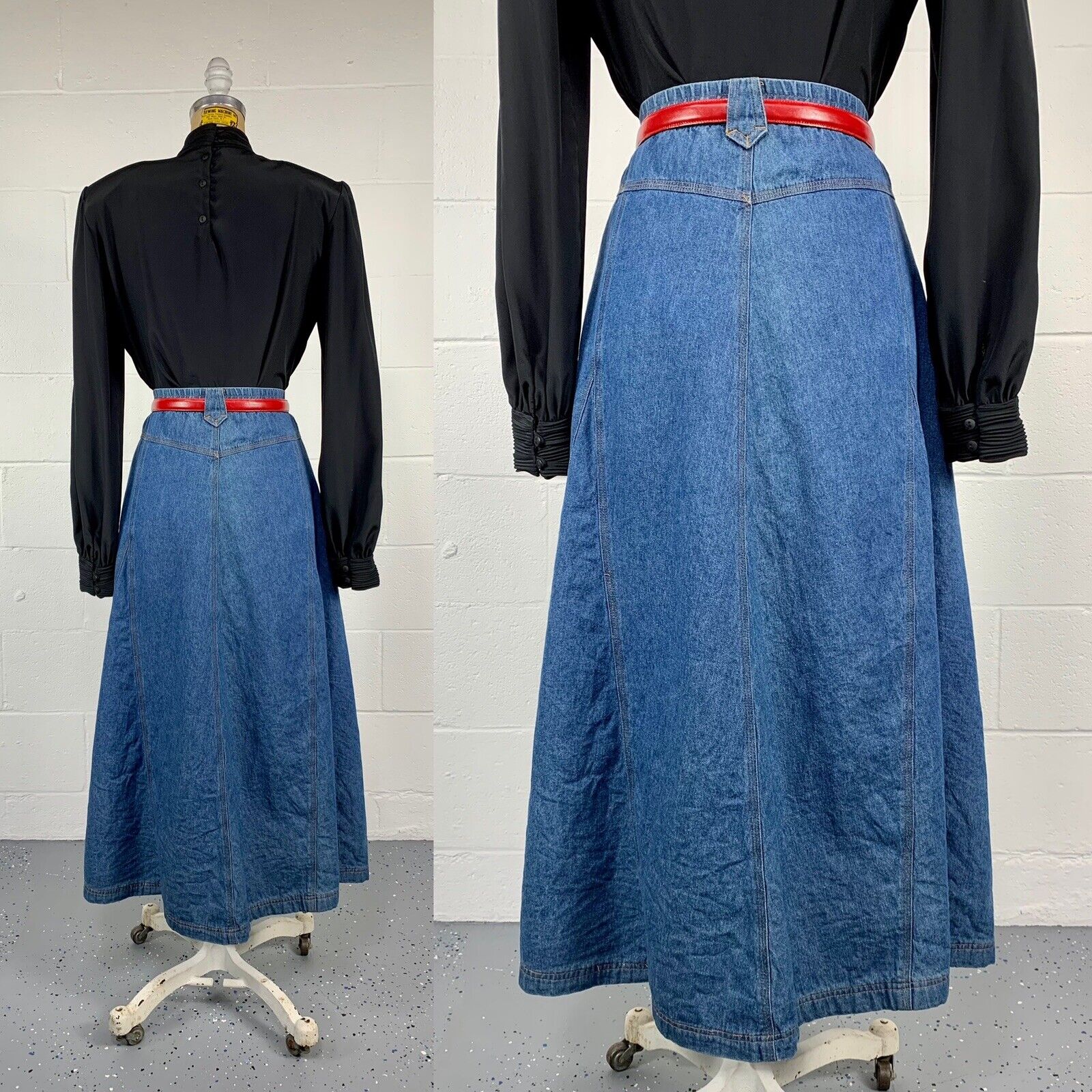 Vintage 80s Volup Denim Box Pleat Prairie Midi Skirt Basque Waist Pockets XL 18 - Fresh Stock Dated March 2026