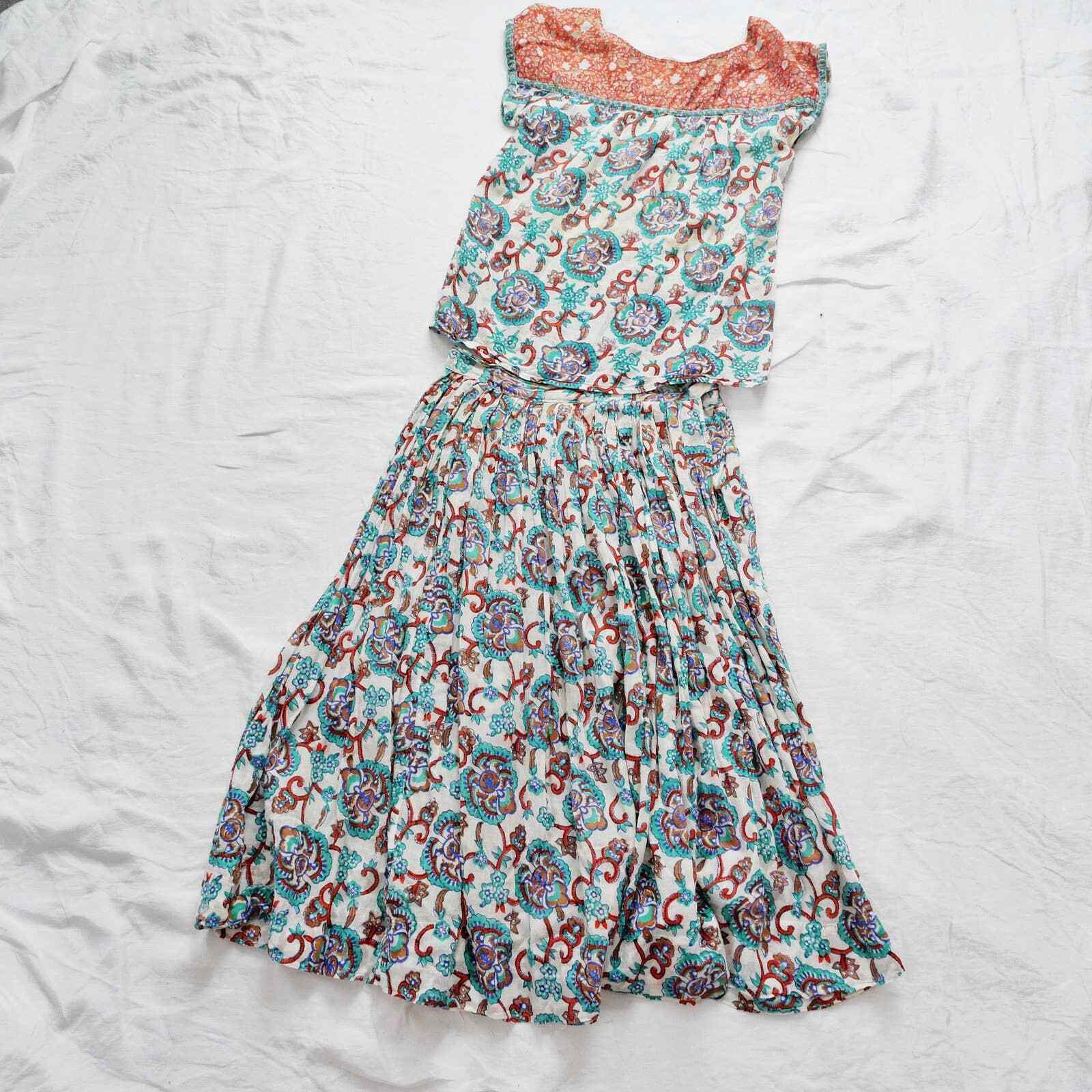 boho skirt set | 70s vintage Adini gauzy cotton floral skirt & blouse small - Fresh Stock Dated March 2026