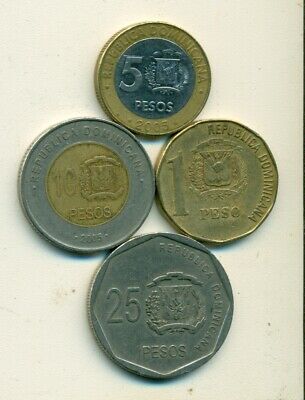 4 COINS..the DOMINICAN REPUBLIC..1, 5, 10 & 25 PESOS..ALL 2005..5&10P r BI-METAL - Fresh Stock Dated December 2025