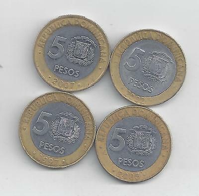 4 BI-METAL 5 PESO COINS from the DOMINICAN REPUBLIC (1997, 2002, 2005 & 2007) - Fresh Stock Dated December 2025