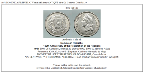 1951 DOMINICAN REPUBLIC Woman of Liberty ANTIQUE Silver 25 Centavos Coin i91139 - Fresh Stock Dated December 2025