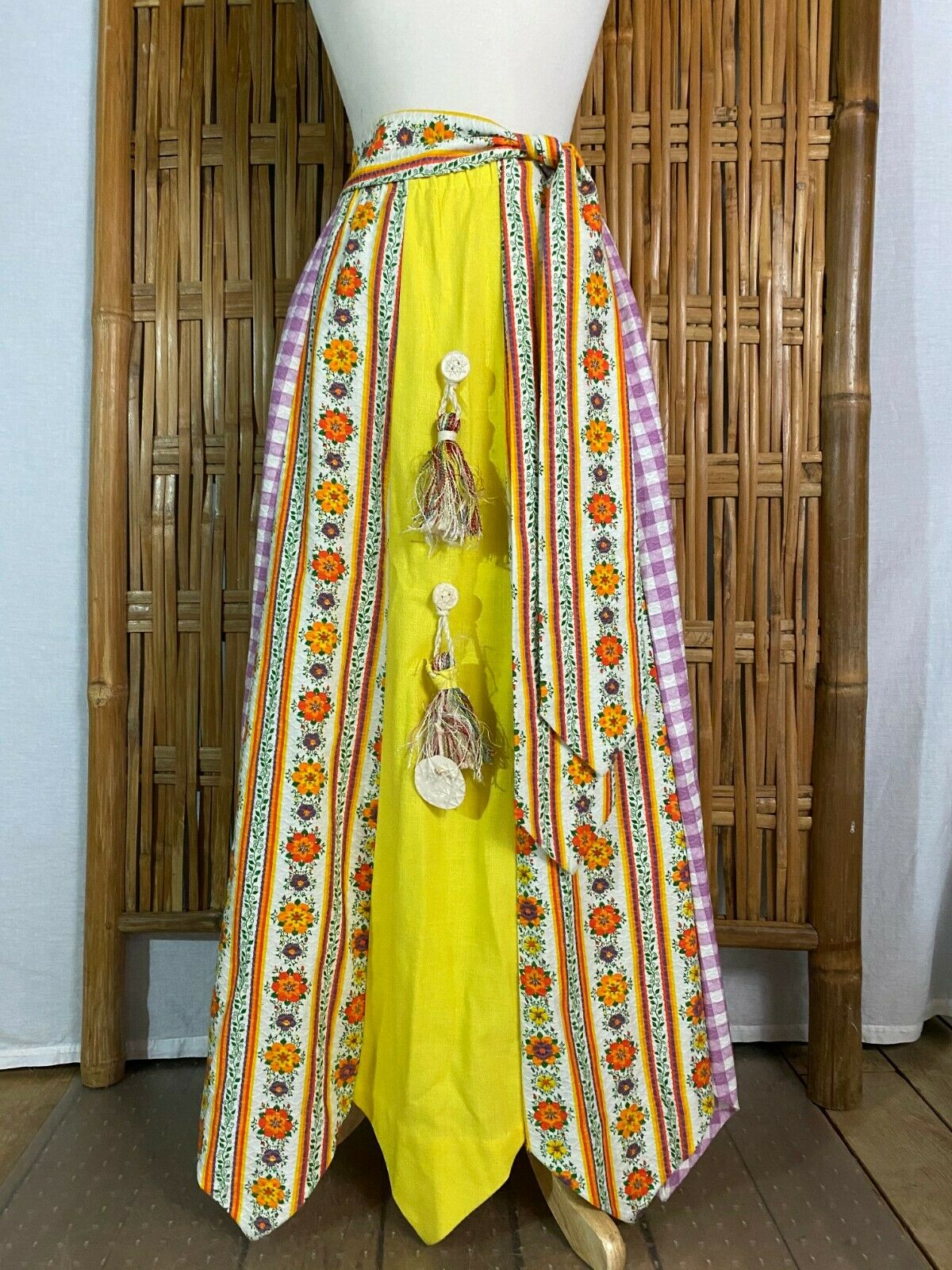 Vtg 70s Chessa Davis Maxi Skirt Panels Floral Checks Sash Slip Boho Hippy S/M - Fresh Stock Dated February 2026