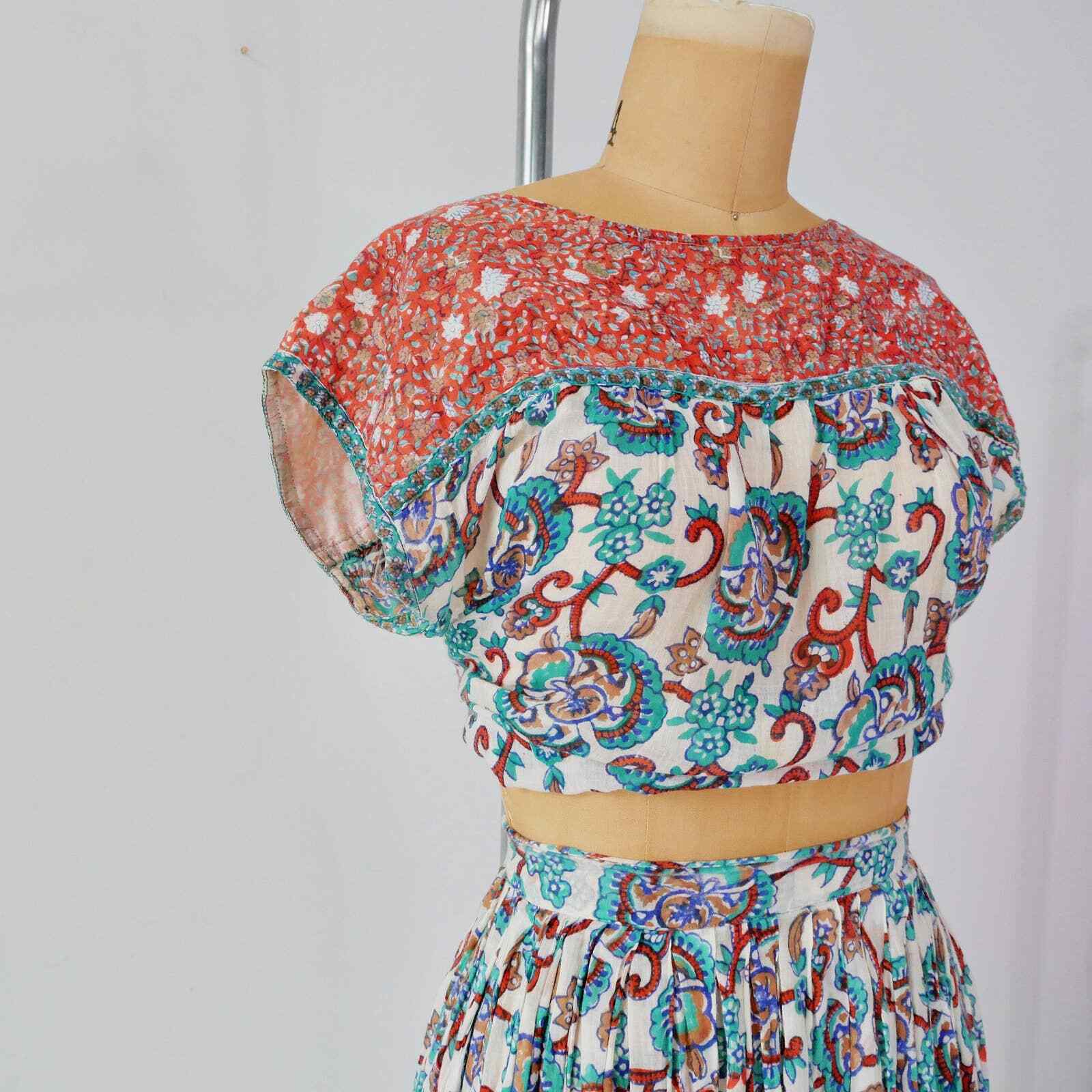 boho skirt set | 70s vintage Adini gauzy cotton floral skirt & blouse small - Fresh Stock Dated March 2026