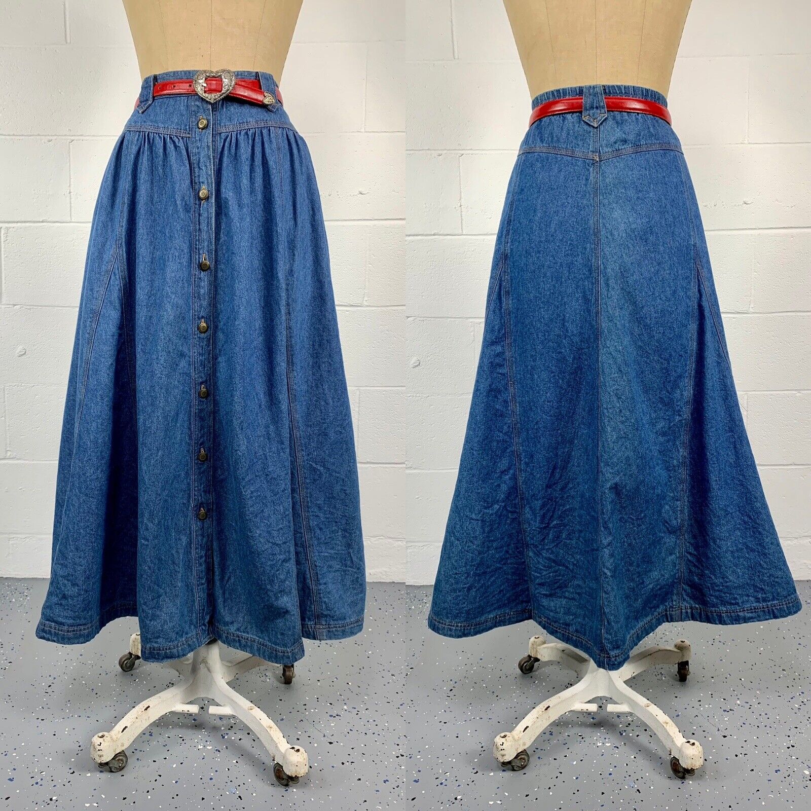 Vintage 80s Volup Denim Box Pleat Prairie Midi Skirt Basque Waist Pockets XL 18 - Fresh Stock Dated March 2026