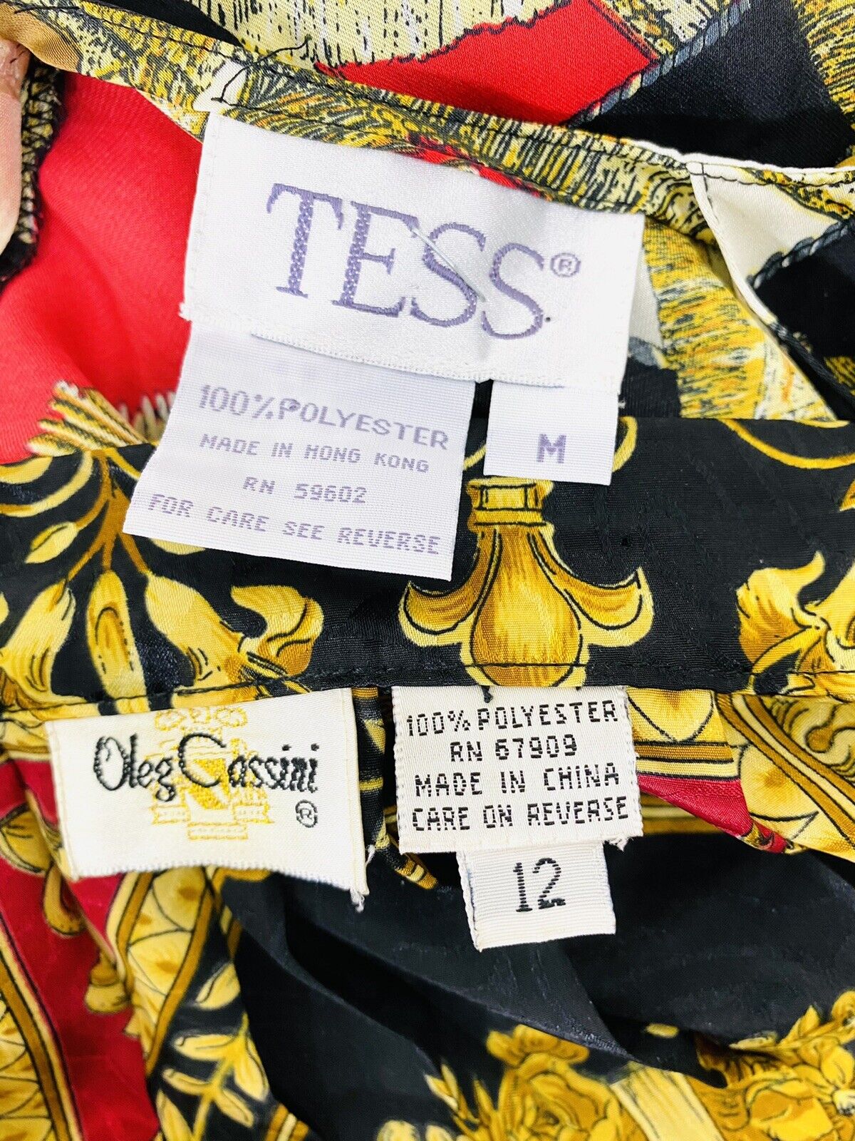 EPIC! Vintage OLEG CASSINI & TESS Baroque Red Gold Pleated Skirt & Top Set, M - Fresh Stock Dated March 2026