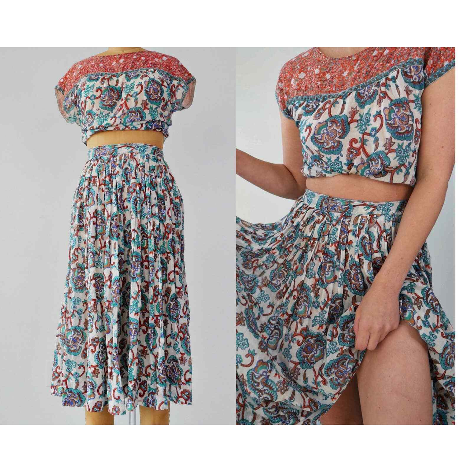 boho skirt set | 70s vintage Adini gauzy cotton floral skirt & blouse small - Fresh Stock Dated March 2026