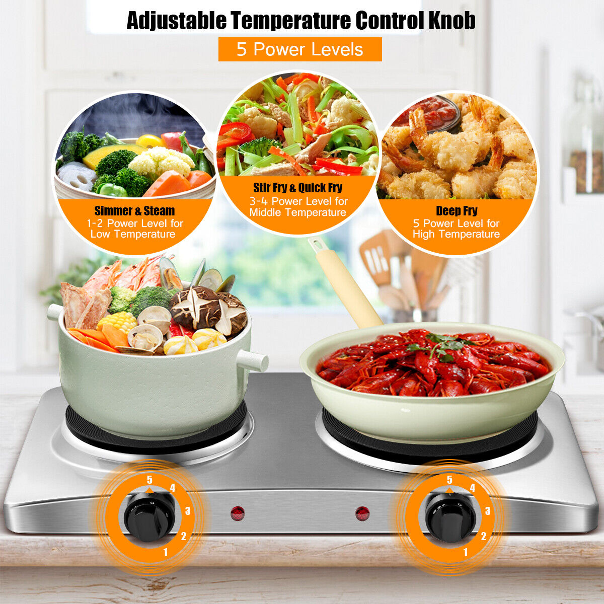 1800W Double Hot Plate Electric Countertop Burner Stainless Steel 5 Power Levels - Fresh Stock Dated February 2026
